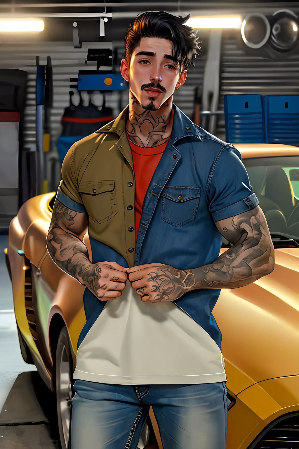 00003-4164835061-photo of male jakipz with tattoos _lora_jakipz-08_0.85_ standing in a garage in front of a car wearing a mechanic shirt and jean.png